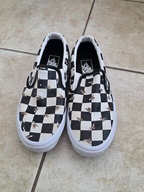 Vans Checkerboard Slip-On Sneakers with Bee Motif - Black/White/Gold
